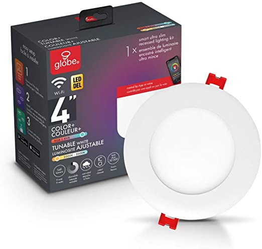 Globe Electric Wi-Fi Smart 4" Ultra Slim LED Recessed Lighting Kit, No Hub Required, Voice Activated, 9 Watts, Multicolor Changing RGB, Tunable White 2000K - 5000K, 540 Lumens, Wet Rated 50068