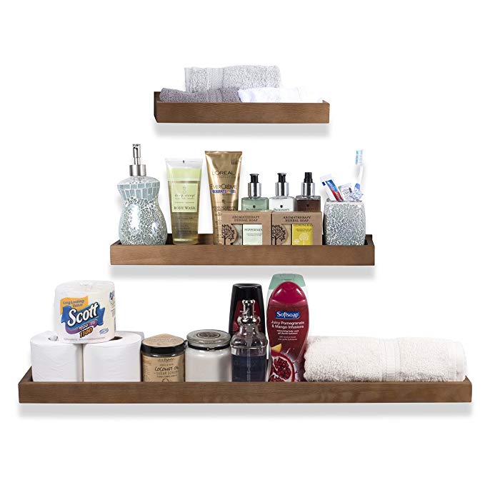 Wallniture Trendy Wooden Bathroom Tray | Wall Mounted Storage Solution | Floating Shelves in Varying Sizes Walnut Set of 3