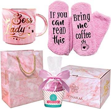 BOSS LADY MUG & FUN SOCKS FOR WOMEN - Gift Ready - 12oz Gold and Pink Ceramic Marble boss mug reads"LADY BOSS" - Perfect stocking stuffers for women. Coffee gifts funny gifts for women