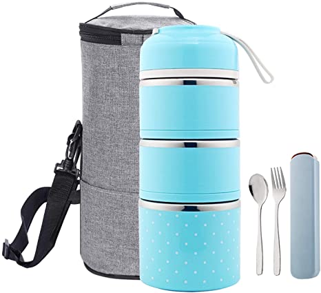 YBOBK HOME Bento Stackable Lunch Box Stainless Steel Thermal Compartment Multi-Layered Leakproof Lunch Containers Insulated Bento Box Tower with Lunch Bag and Utensil Set for Adult and Kids (Blue)
