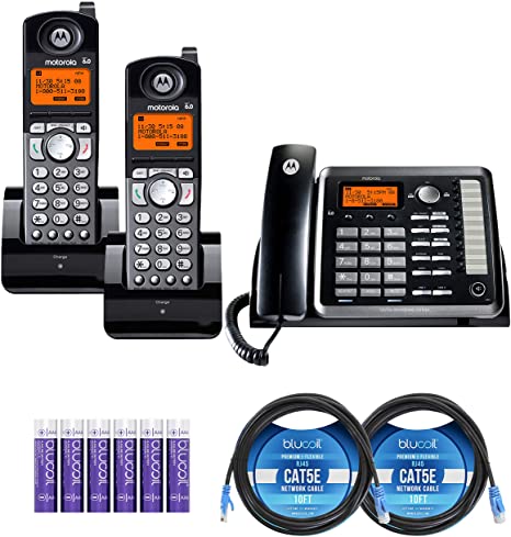 Motorola ML25254 Expandable Corded 2-Line Business Phone with Digital Answering System Bundle with 2-Pack of ML25055 DECT 6.0 Cordless Handsets, 2-Pack of Blucoil 10' Cat5e Cable and 6 AAA Batteries