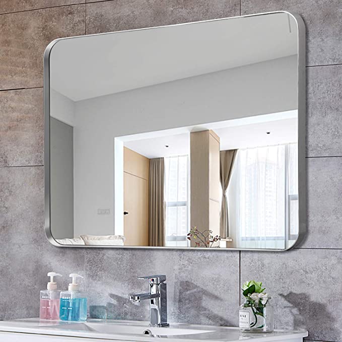Trvone Bathroom Mirrors Makeup Mirrors,Wall Mounted Mirrors for Bathroom Bedroom Living Room,Stainless Steel Frame,Shatterproof Glass,Vertical or Horizontal Hanging (Silver, 36"x28")