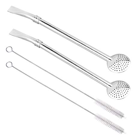 GFDesign Yerba Mate Bombilla Gourd Drinking Filter Straws 304 Food-Grade 18/8 Stainless Steel - Set of 2 with 2 Cleaning Brushes - 7.5" Long