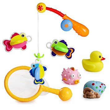 8 Pieces Set Floating Bath Toy with Net Fishing Games for Kids 18 Months and Up Baby Bathtime Fun, Color May Vary