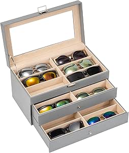 ProCase 3-layer Sunglasses Storage Organizer, 18 Slots Leather Sunglass Box Multiple Pairs Eyeglass Cases Eye Glass Eyewear Display Holder for Men Women -Grey