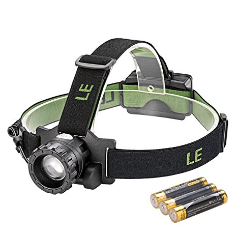 LE Zoomable CREE LED Headlamp, 3 Brightness Modes, Headlight Head Torch, Battery Powered Helmet Light for Sports Camping Running Hiking Reading Batteries Included