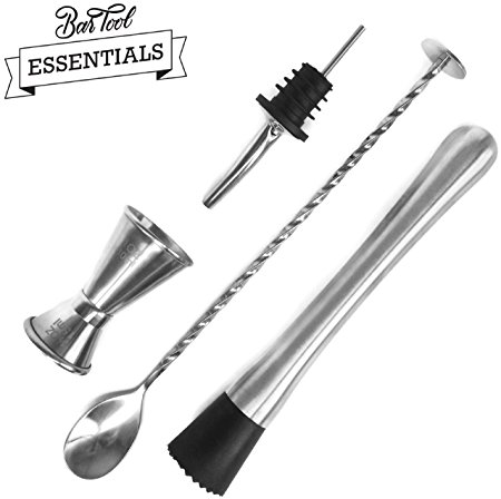 Bar Tool Essentials - Set of 4 Crafted Stainless Steel Bar Tools by Trendy Bartender™ - Muddler, Cocktail Spoon, Jigger and Liquor Pourer (4 Bar Essentials)