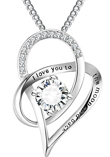 ANEWISH Fine Jewelry Womens Necklace "I love you to the moon and back" Clear Zirconia Heart 925 Sterling Silver Pendant for Women Girl