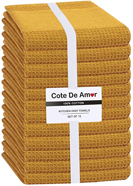 Cote De Amor 12 Pack Kitchen Dish Towels 100% Cotton 16x26 Absorbent Durable Washable, Tea Towels, Dish Cloths, Bar Towels, Cleaning Towels, Kitchen Towels with Hanging Loop, Mustard Yellow