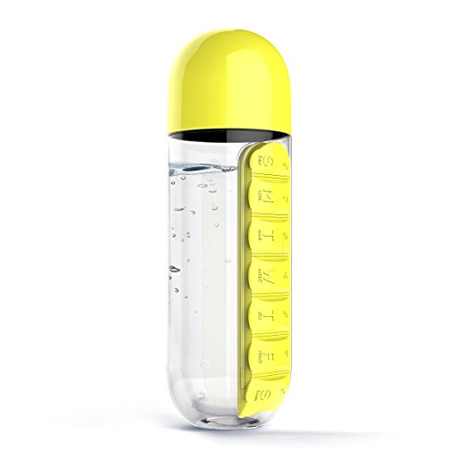 Asobu Combine Daily Pill Box Organizer with Water Bottle, Yellow