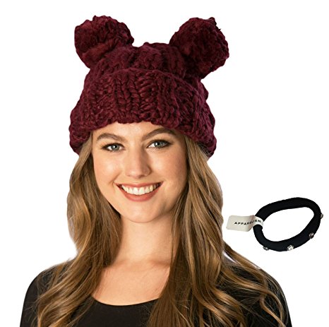 Simonetta Women's Handcrafted Soft Chunky Knitted Double Pom Pom Beanie Hat With Hair Tie.