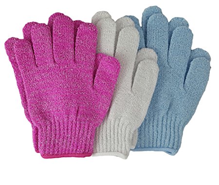 Exfoliating Premium Glitter Bath and Shower Gloves, 3 Pack/Pairs, 3 Colors- Pink, Blue and White, use with Bar Soap, Shower Gel or Body Scrub (Exfoliating Bath Gloves)