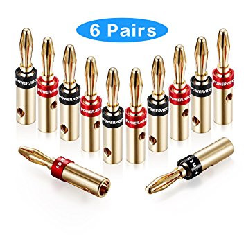 Poweradd 6 Pairs Fast-Lock Banana Plugs, Corrosion Resistant 24K Gold Plated Connectors (Closed Screw Type) for Musical Audio Speaker Wire, Wall Plate, Audio/ Video Receiver