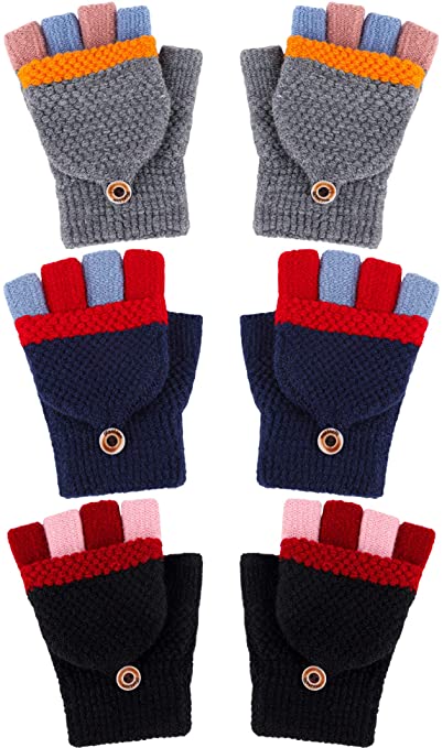 Cooraby 3 Pairs Kid Winter Half Finger Gloves Flip Top Gloves Knitted Fingerless Gloves for Boys and Girls