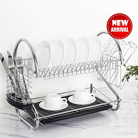 Tahlegy Countertop 2-Tier Dish Drying Rack, Kitchen Cutlery Drainer Chrome Utensil Holder Black Plate