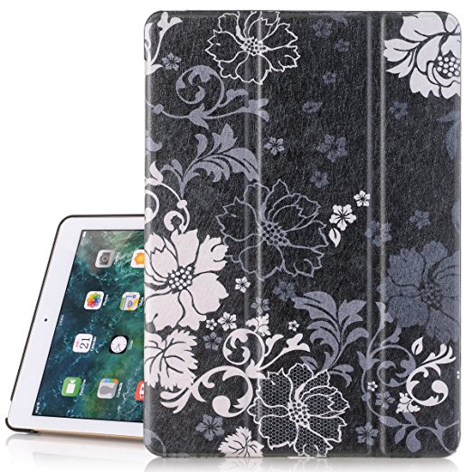 iPad 5th Generation Case, Hocase PU Leather Smart Case w/ Cute Floral Print, Auto Sleep/Wake Feature, Microfiber Lining Hard Back Cover for iPad Model A1822/A1823 9.7" 2017 - Black/White Flowers