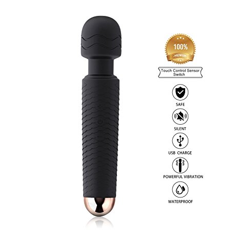 Electric Cordless Personal Wand Massager Rechargeable Waterproof Silicone, Women Handheld Body Therapeutic Silent Massage with 25 Patterns Portable Back Neck Shoulder Foot By YICO - Black