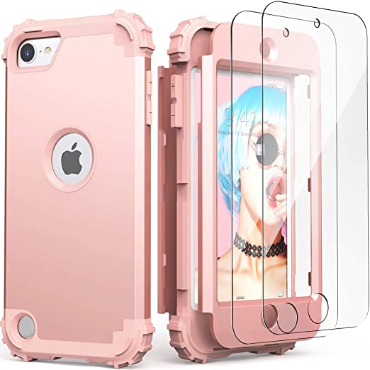 IDweel iPod Touch 7th Generation Case with 2 Screen Protectors, Hybrid 3 in 1 Shockproof Slim Heavy Duty Hard PC Cover Soft Silicone Rugged Bumper Full Body Case for iPod Touch 5/6/7th Gen,Rose Gold