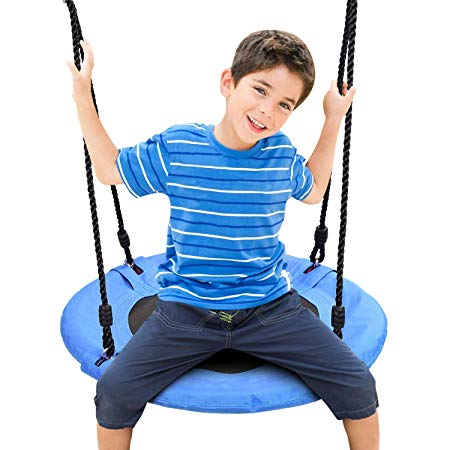 Odoland Chidren Saucer Tree Swing Net Swing 24 inch Kid Platform Rope Swing Detachable 600LB Weight Load Oxford Fabric Adjustable Hanging Ropes for Tree, Backyard, Playground and Amusement Park Blue