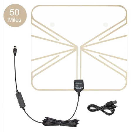 Alemon 50 Miles Range Indoor HDTV Antenna Ultra Thin Amplified Indoor HDTV Antenna with 16.4ft Coaxial Cable for VHF/UHF Signal(Translucent)