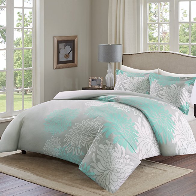 Comfort Spaces – Enya Cover for Duvet Mini Set - 3 Piece – Aqua and Grey– Floral Printed Pattern – Full/Queen size, includes 1 Cover for Duvet, 2 Shams