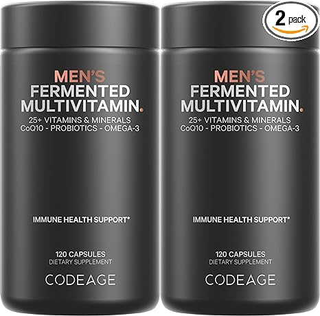 Codeage Men’s Daily Multivitamin Supplement, 25  Vitamins & Minerals for Adults, Organic Whole Foods Vitamins for Men, Vitamin A, B Vitamins, Vitamin C, D, E, K, Probiotic, Zinc, Omega-3, 2 Pack