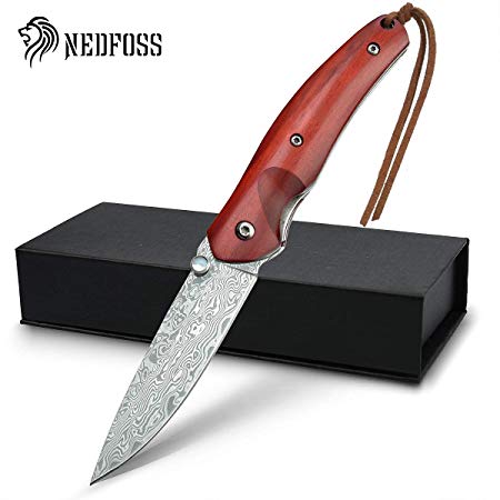 NedFoss Damascus Pocket Knife, 2.5'' Handmade Forged Damascus Steel Blade EDC Folding Hunter Pocket Knife with Liner Lock and Thumb Stud