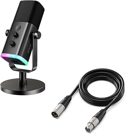 FIFINE XLR/USB Dynamic Microphone and XLR Cable,PC Computer Gaming Streaming Mic with RGB Light,9.8ft Cable with Balanced 3 PIN,XLR Male to Female Cord,Compatible with XLR Microphone(AM8 L9)