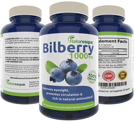 Pure Bilberry Extract 1000mg | Improves Eyesight | Rich in Natural Antioxidants | Supports Connective Tissue Health 60 Concentrated Capsules Pills Natural Non GMO Premium Herbal Supplement