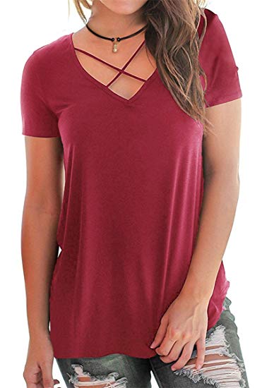 Eanklosco Womens Summer Short/Long Sleeve Cold Shoulder T Shirts Cut Out Tops V Neck Tunic Blouses