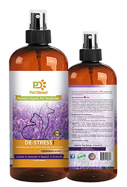 Premium Pet Deodorizer By Pet Diesel | Natural Deodorant With Enzyme, Lavender, Majoram and Chamomile Scent & Tea Tree Oil Extracts | For Odor Elimination & Bacteria Removal | For Dogs, Cats & More