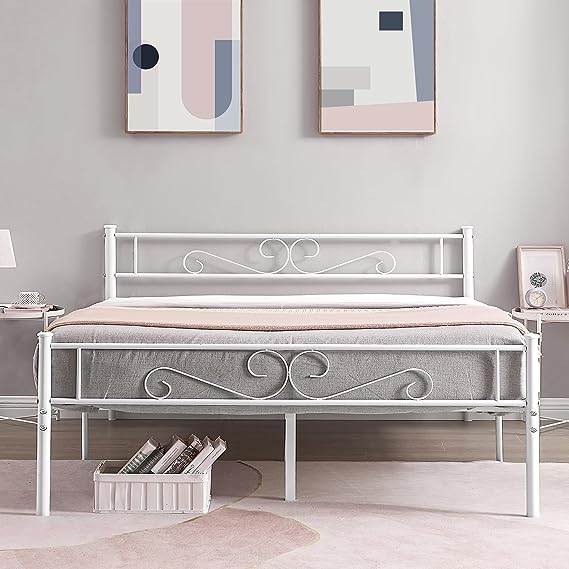 VECELO Queen Size Bed Frame with Headboard, 14 Inch Metal Platform Mattress Foundation, No Boxing Spring Needed, Squeak Resistant, Easy Assembly, Off-White