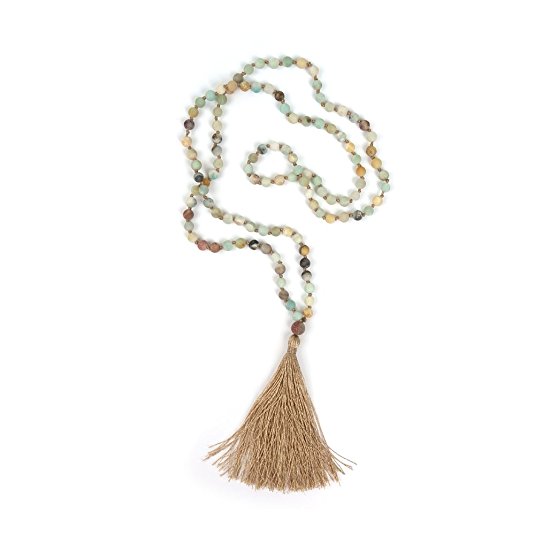 OKIKO Mala Beads Necklace Gemstone Chakra Boho Tassel Handmade Statement Long Chain Yoga Meditation Jewerly