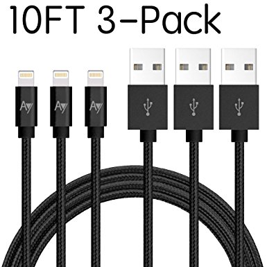 AYIPE USB to iPhone Lightning Cable [3-Pack] - 10 Feet (3 Meters) - Black - Nylon Braided