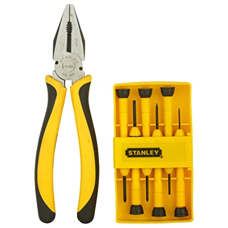 STANLEY 70-482 8-inch Sturdy Steel Combination Plier With STANLEY 66-052 Bi Material Handle Precision Screwdriver Set (Pack of 6)