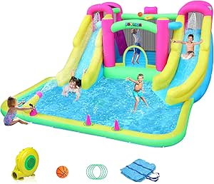 (2024 New) JOYMOR 8-in-1 Inflatable Water Slide Bounce House for Kids Backyard w/2 Slides, 2 Climbing Wall, Ring-Toss, Large Pool, 1min Blow Up Water Slide w/ 750w Air Blower, Storage Bag