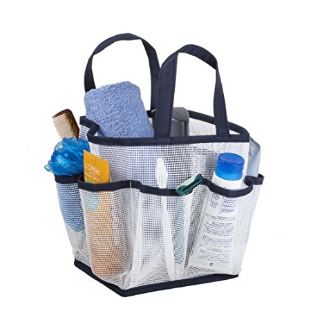 Mesh Portable Shower Tote and Caddy – Multiple Colors Available. Perfect For Dorm, Gym, Bath with Handles. Fast Drying, White with Navy Blue Trim