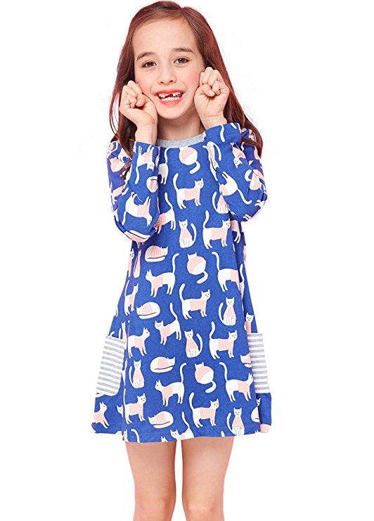 Girls Cotton Longsleeve Party Dresses Special Occasion Cartoon Print by Fiream