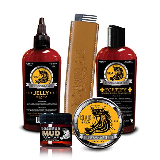 Bossman Complete Beard Kit - Beard Oil, Conditioner, and Balm. Eliminate Beard Itch, Grower a Thicker, More Mature Beard (Gold Scent)