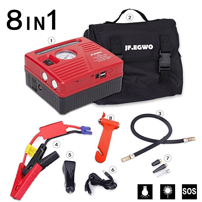 Portable Air Compressor Jump Starter for Car, 450A Peak 13000 mAh (car start up to 6L Gas, 5L Diesel Engine) 2 USB Power Bank 2 LED Light Prepare for the Cold Weather from JF.EGWO, Red