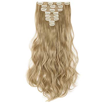 S-noilite 17" Long Curly Wavy Ash Blonde Clip in on 8 Pieces Full Head Set Hair Extensions 8pcs Hairpiece Extension for Girl Lady Women
