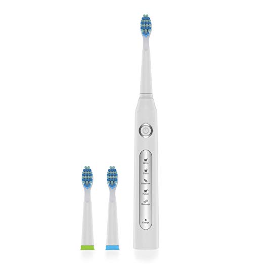 Sonic Electric Toothbrush for Adults and Kids, Rechargeable Power Toothbrush with 5 Modes and 3 Brush Replacement Heads, Electronic Toothbrush Travel Toothbrush with 2-Minute Timer, Waterproof White