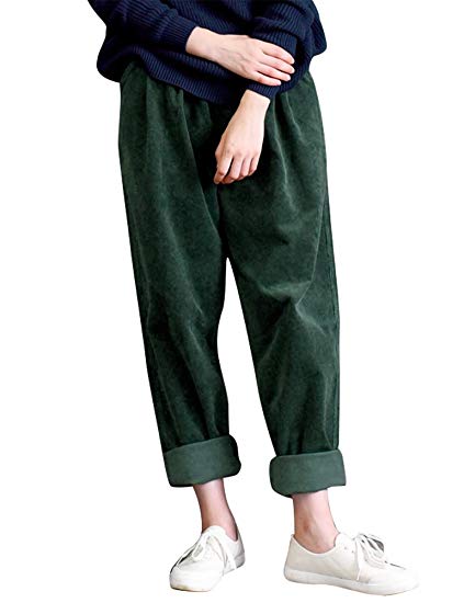 IDEALSANXUN Women's Retro Thick Corduroy Elastic Waist Loose Fit Casual Harem Pants Trousers