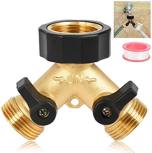 TIMESETL 2 Way Brass Tap Manifold,3/4" Tap Y Splitter Two Way Washing Machine Hose Connector with Individual On/Off Valves, Tap Adaptor for Garden