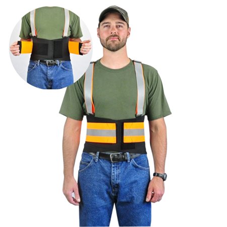 Hi-Vis Reflective Back Brace Lumbar Support, Adjustable Suspenders - Over Lapping Belt For Lower Back Compression, Made With High Quality Non-Moisture Breathable Ventilated Elastic Material!