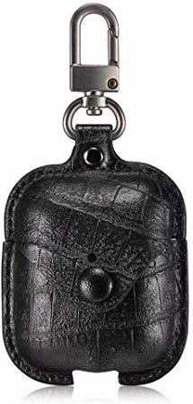 Auscumer AirPod Case Leather Cover with Keychain - Crocodile Pattern Design Wireless Charging Supported Compatible for Apple Airpods 1st & 2nd (Black)