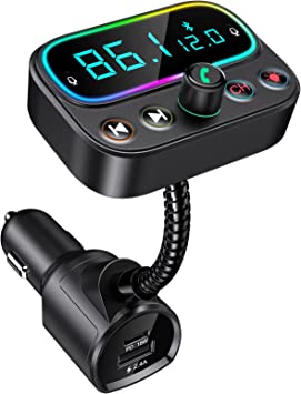 STOON Bluetooth 5.0 FM Transmitter for Car, USB C PD Bluetooth Car Adapter with Dual Mic/2.0" LCD Display/3 USB Ports/9 Color LED Backlit, Wireless Car Kit Music Player Support U Disk/AUX Output
