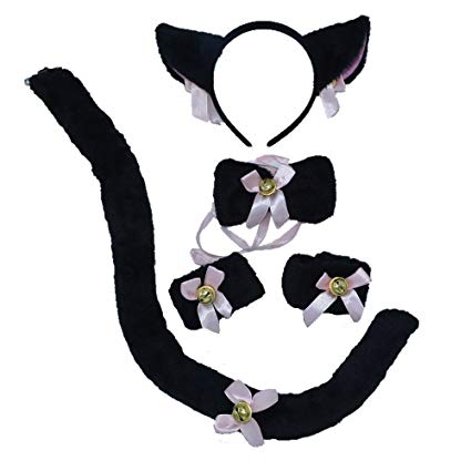 BOMPOW Cat Tail Cosplay Set Cat Headband Ears Bow Tie Costume for Halloween Party Decor 5 Pack (Black Cat Cosplay Set)