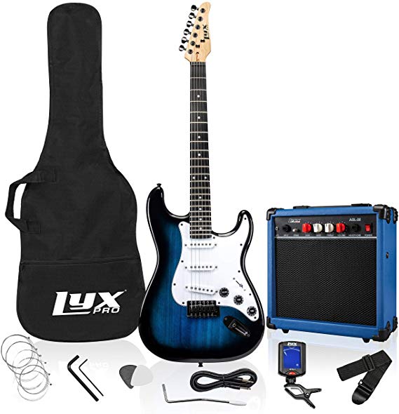 LyxPro 39 inch Electric Guitar Kit Bundle with 20w Amplifier, All Accessories, Digital Clip On Tuner, Six Strings, Two Picks, Tremolo Bar, Shoulder Strap, Case Bag Starter kit Pack Full Size