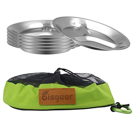 Bisgear 10.25 inch Stainless Steel Round Divided Plates Pack of 6 with Carabiner, Dishcloth and Mesh Travel Bag - Lightweight BPA Free Sectioned Plates for Outdoor Camping, Backpacking